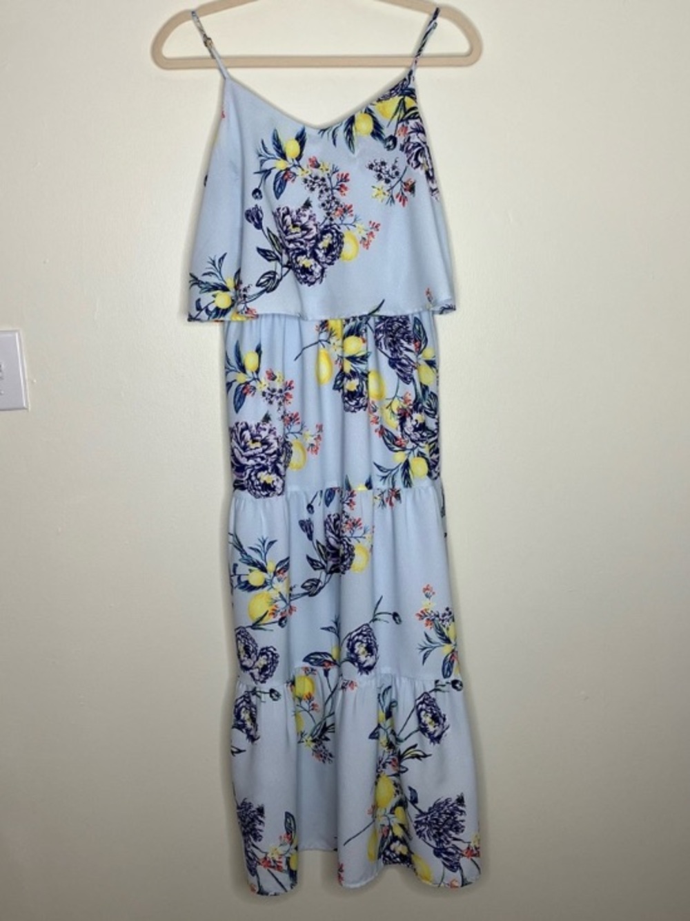 Kaari Blue lemon print Floral Flounce Maxi Dress S